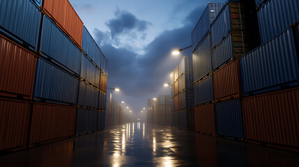 Fototapeta premium A long view of cargo containers. A view of endless containers sitting under the lights, reflecting off the wet ground. The image evokes the feeling of transportation and logistics.