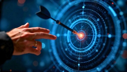 Arrow hits digital target bullseye within a futuristic tech interface, illustrating success, achievement, precision, accuracy, goal visualization, data, information, and innovative business technology