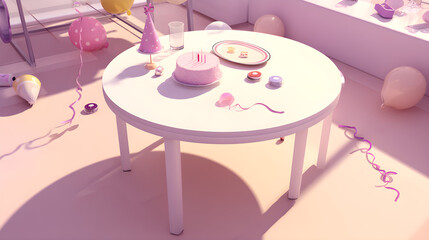 Aftermath of a joyful child's birthday party with scattered decorations and a cake.