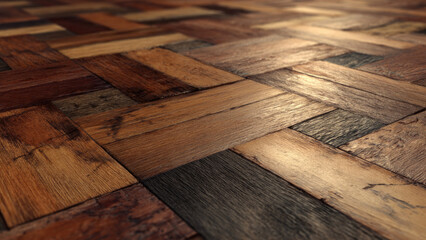Rustic multi-toned wooden parquet flooring showcasing diverse textures and warm brown hues arranged in a classic herringbone pattern with soft lighting.