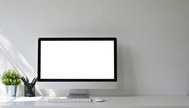Desktop Computer on a Desk: A minimalist desk scene features a modern desktop computer with a blank screen, accompanied by a small plant and pens, creating a clean and functional workspace.