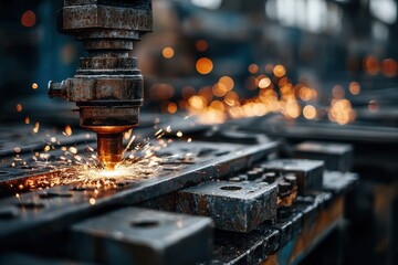 A cutting machine operates on metal, producing sparks and highlighting industrial processes within a manufacturing setting