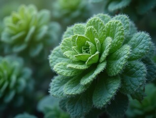 Green mentha plant growing in a garden closeup