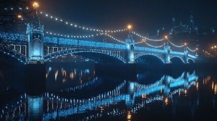A wide shot of a historic bridge illuminated by hundreds of white Christmas lights and reflecting on the river below,