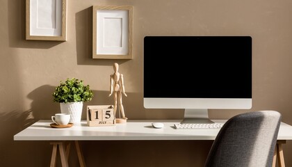 Modern Workspace Aesthetics: A minimalist workstation showcases a modern computer setup against a neutral backdrop, promoting productivity and inspiration in a calm and creative environment.