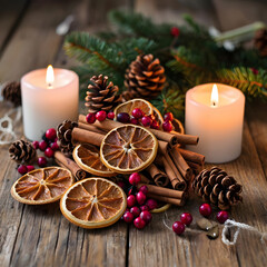 Cozy winter bouquet with cinnamon sticks, star anise, cloves, dried oranges, pinecones, and evergreen sprigs, highlighting festive textures and warm tones
