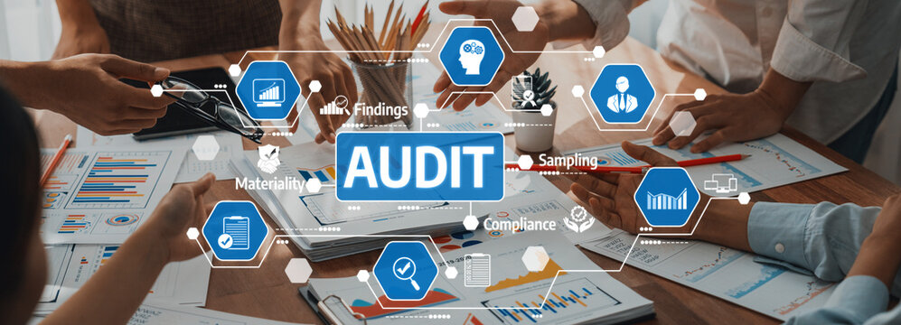 A dynamic scene showcasing a collaborative audit process with interactive elements, emphasizing teamwork and compliance, while analyzing findings and materials on a wooden table. Amity