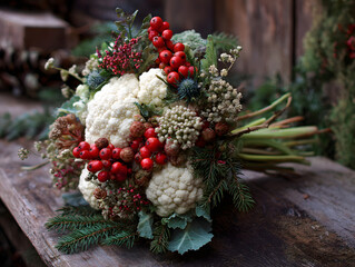 Rustic winter bouquet featuring snowy white cauliflower, red currants, fir branches, and dried seed pods in a festive blush and green color palette.