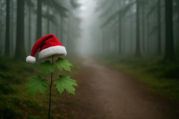 Lone maple sapling with festive red santa hat on foggy forest path creates gentle, magical Christmas atmosphere. quiet, hopeful holiday scene in mysterious wood