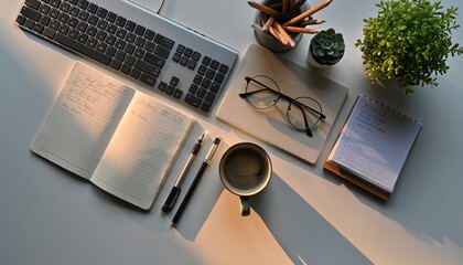 Creative Workspace: A top-down view of a modern desk with essential tools, ideal for productivity, surrounded by a serene atmosphere. 