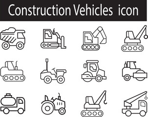 construction icons set. vector line art of construction vehicles . dump truck, pilling car, crane, bulldozer etc linear icon