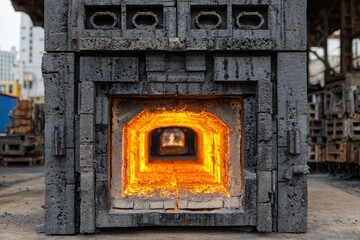 A furnace made of stone emits a bright orange glow, creating a stark contrast between the cool stone and intense heat. Its tunnel beckons with raw power and energy