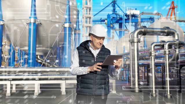 Industrial plant inspection applies digital control as an engineer reviews operational data on a tablet among pipelines, tanks, and processing equipment.
