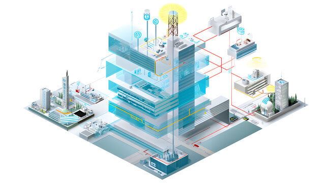 Futuristic smart city infrastructure with interconnected buildings and wireless communication towers