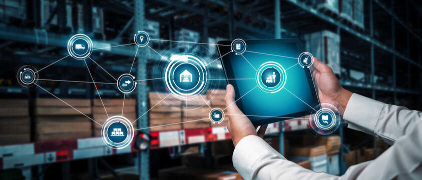 Smart warehouse management system with innovative internet of things technology to identify package picking and delivery . Future concept of supply chain and logistic network business . - Powered by Adobe