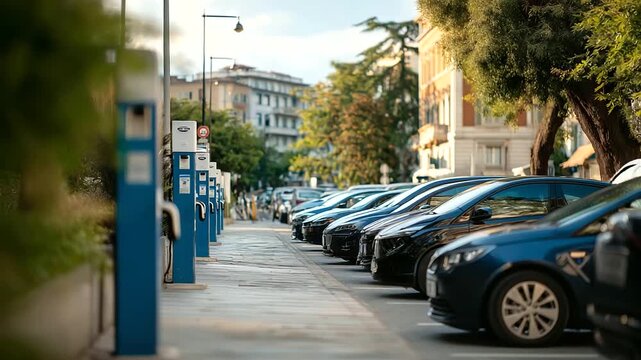 Public parking along street with charging points for electric vehicles urban EV infrastructure street charging stations sustainable city mobility green transportation network