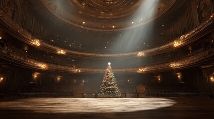 A wide shot of a massive, empty theatre stage with a single spotlight illuminating a single decorated Christmas tree,