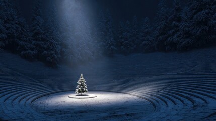 A wide shot of a peaceful, empty outdoor amphitheater covered in snow, a single spotlight illuminating a solitary Christmas tree on the stage,
