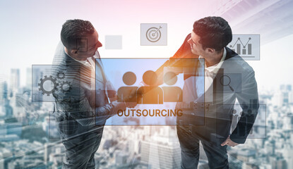 Outsourcing concept showing collaboration, delegation, global workforce, productivity, and task...