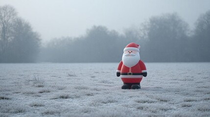 A wide shot of a snowy field with a single large, illuminated inflatable Santa figure standing alone, humorously out of context,