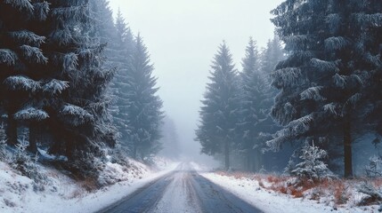 A wide shot of a snowy, misty forest road disappearing into the distance, framed by large, decorated pine trees on either side,