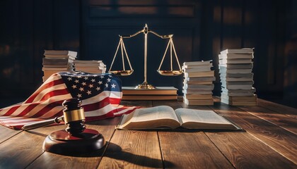 Justice in America: This evocative scene features the symbolic pillars of justice: a scales of justice, open book and the United States flag, a gavel resting beside them.
