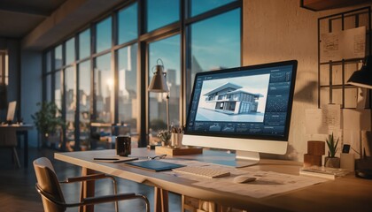 Architect's Design Workspace: A modern workstation with a computer displaying architectural plans, situated by a large window overlooking a cityscape, embodying creativity and urban design.
