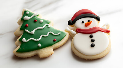 Fototapeta premium Festive sugar cookies! A Christmas tree with green icing and a cheerful snowman with a red scarf make a delightful holiday treat, a sweet Christmas treat!