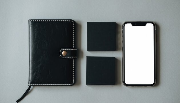 Stationery and Device Arrangement: An arrangement of essential stationary for organizing and communicating, showcasing a blank smartphone, a leather-bound notebook, and two blank square boxes.