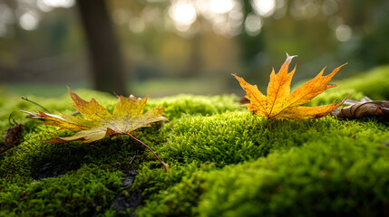 Golden autumn leaves rest on vibrant green moss in a serene forest setting.