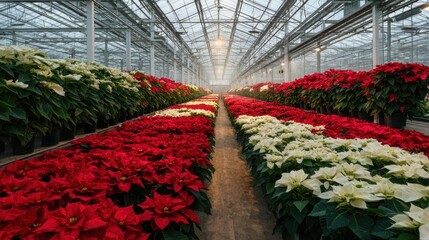 A wide-angle interior shot of a commercial greenhouse filled with rows of potted poinsettias in various shades of red and white,
