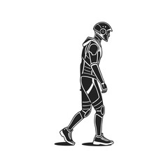 Futuristic warrior in sci fi armor walking against white background