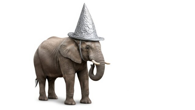 elephant wearing a tinfoil hat, paranoid, paranoia, on a white background, animal photo