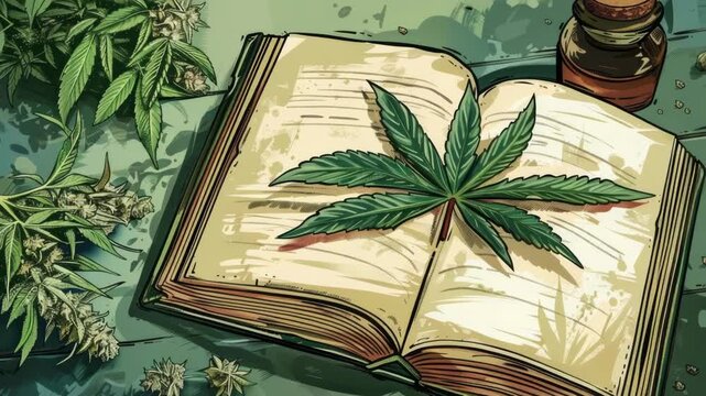 Video A person's guide or study book with a marijuana leaf resting on top, suggesting a connection to cannabis or medical use