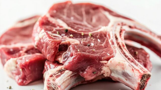 Video Close-up  of a pile of raw meat sitting on a white surface, great for food or medical use