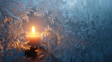 A windowpane completely covered in frost and intricate ice patterns, with a single warm candle flame visible inside,