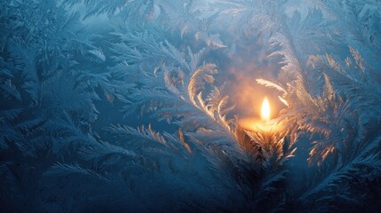 A windowpane completely covered in frost and intricate ice patterns, with a single warm candle flame visible inside,