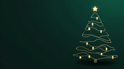 Festive cheer with this elegant Christmas tree illustration. A star sits atop a gold wireframe Christmas tree adorned with ornaments on a dark green background.