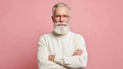Portrait of a confident senior man with arms crossed on pink backdrop