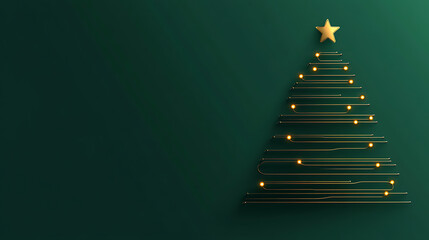 A minimalistic Christmas tree on a green background radiates holiday cheer. Golden lines form the tree, adorned with glowing lights and topped with a star, evoking festive spirit.