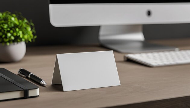 Business Card on Desk: A clean business card sits prominently on a sleek desk, next to an elegant pen, a minimalist notebook and a green plant, implying professional business and contact.