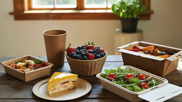 Cinematic Video of Biodegradable Food Containers with Fresh Meals on Rustic Wooden Table