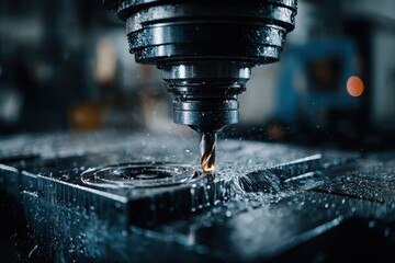 CNC mill drills metal, coolant sprays. Precision metalworking/machining in progress