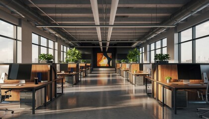 Modern Office Interior: Captivating the expansive open-plan layout of a contemporary office, the image showcases rows of workstations, bathed in natural light and adorned with hints of greenery.