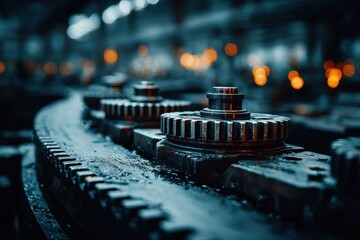 Close-up reveals the intricate details of industrial gears, showcasing the wear and precision inherent in heavy machinery with a moody, atmospheric light