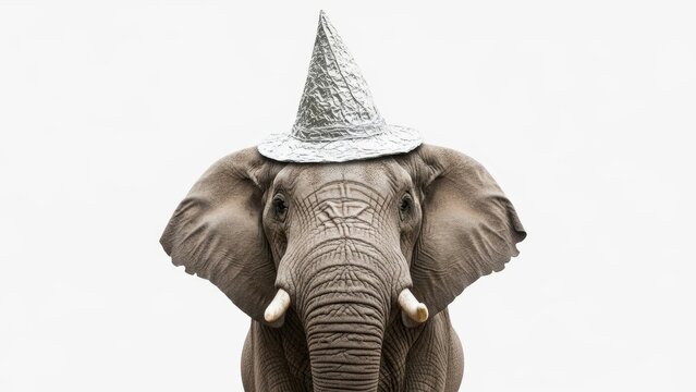 elephant wearing a tinfoil hat, paranoid, paranoia, on a white background, animal photo