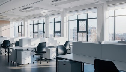 Modern Workspace: An expansive, sun-drenched modern office, featuring rows of pristine workstations and ergonomic chairs, a symbol of efficiency and collaborative work. 