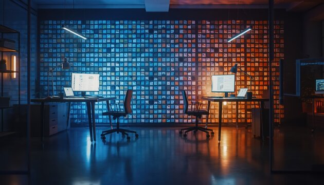 Digital Data Room: An atmospheric office interior with computer screens set against a wall of digital data, bathed in contrasting blue and orange light.