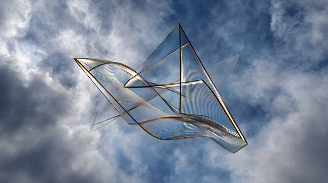 Abstract geometric sculpture soaring through a dramatic cloudy sky