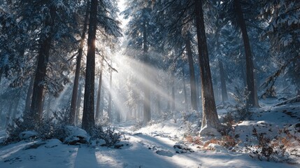 A winter forest with sunbeams filtering through the snow-laden trees,